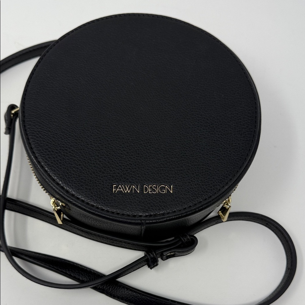 Fawn Design Elegant Black Round Crossbody Bag 8”x 3.5” with zipper